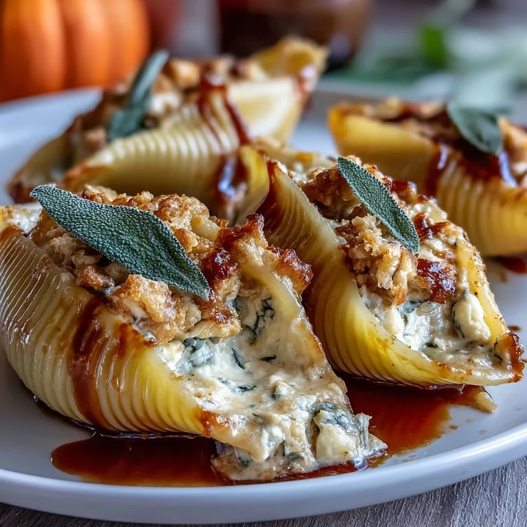 Plated pumpkin and Gouda stuffed shells drizzled with nutty brown butter Alfredo sauce.