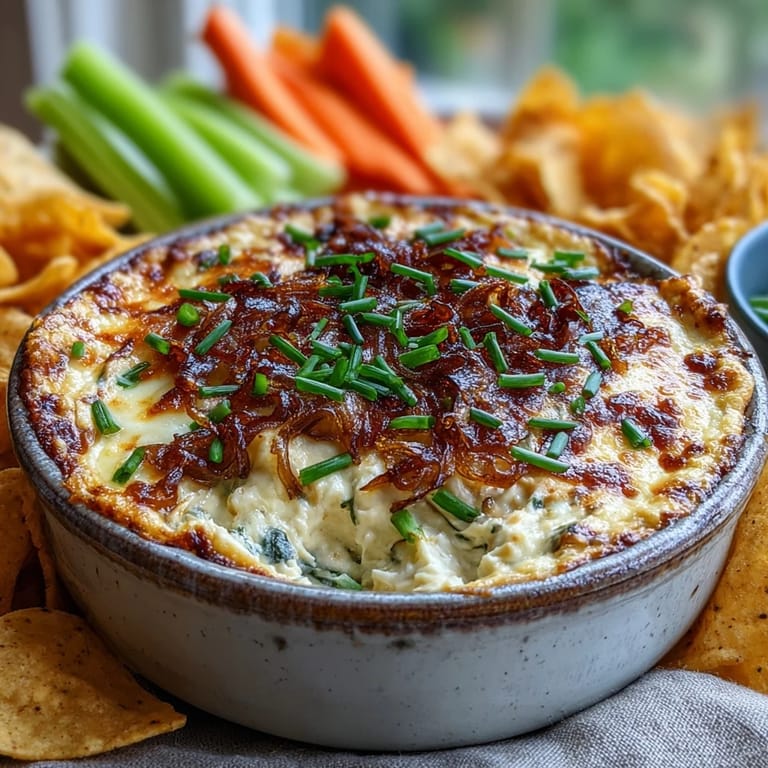 Creamy smoked Gouda & onion dip with caramelized onions, garnished with chives and paired with crunchy veggies.