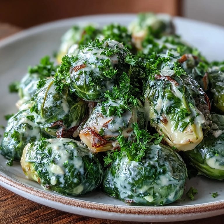A close-up of Brussels sprouts in a velvety cream cheese-mustard sauce, perfect for pairing with roasted meats or as a vegetarian main.