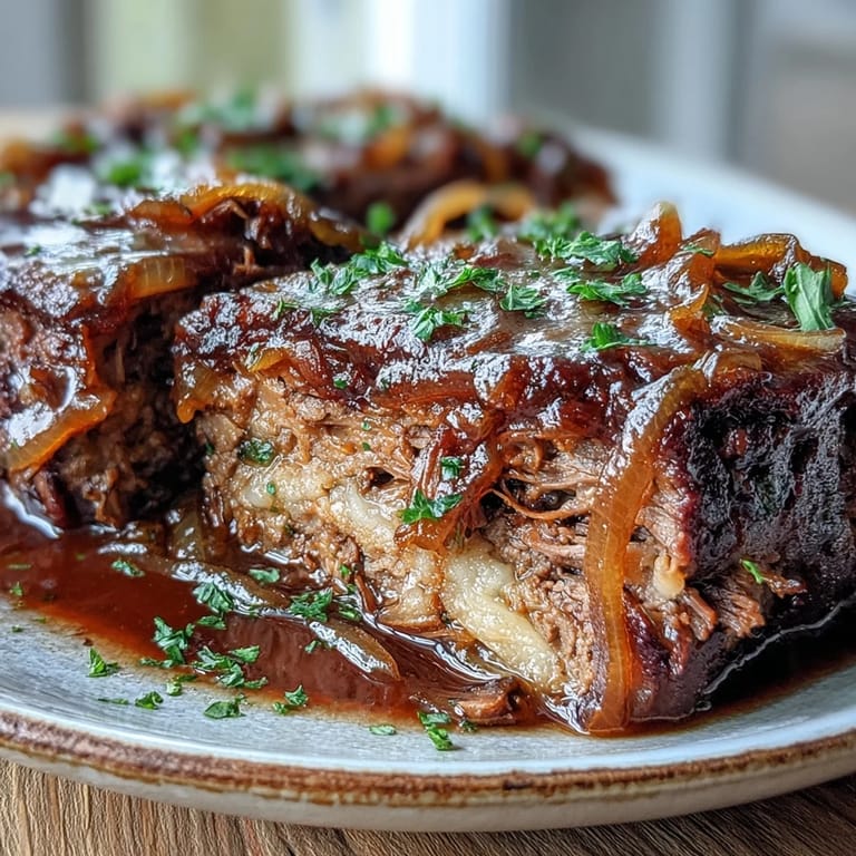 A close-up of Savory Crock Pot French Onion Pot Roast, bubbling with rich beef juices, caramelized onions, and thyme.  