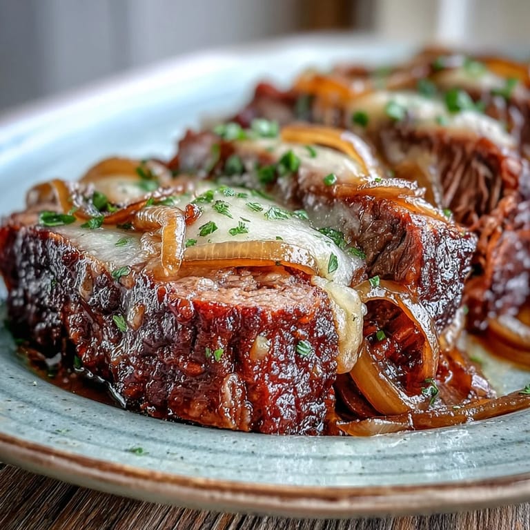 Steaming Savory Crock Pot French Onion Pot Roast with a spoonful of hearty, onion-laden sauce and gooey melted cheese.