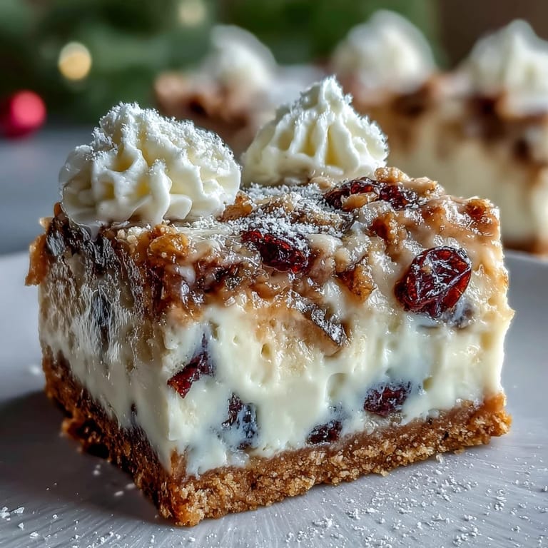 Slices of Christmas Cheesecake Slab topped with billowy whipped cream and vibrant dried fruits on a rustic wooden board.