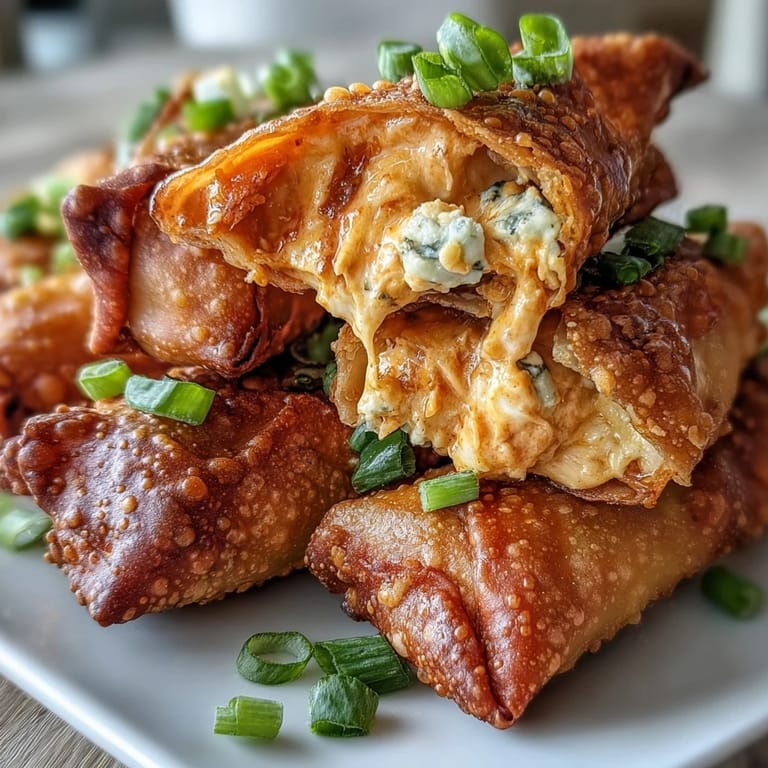 A hand dips a half-bite Buffalo Chicken Dip Egg Roll into ranch dressing, steam rising from the crunchy, cheesy, buffalo-spiced interior.