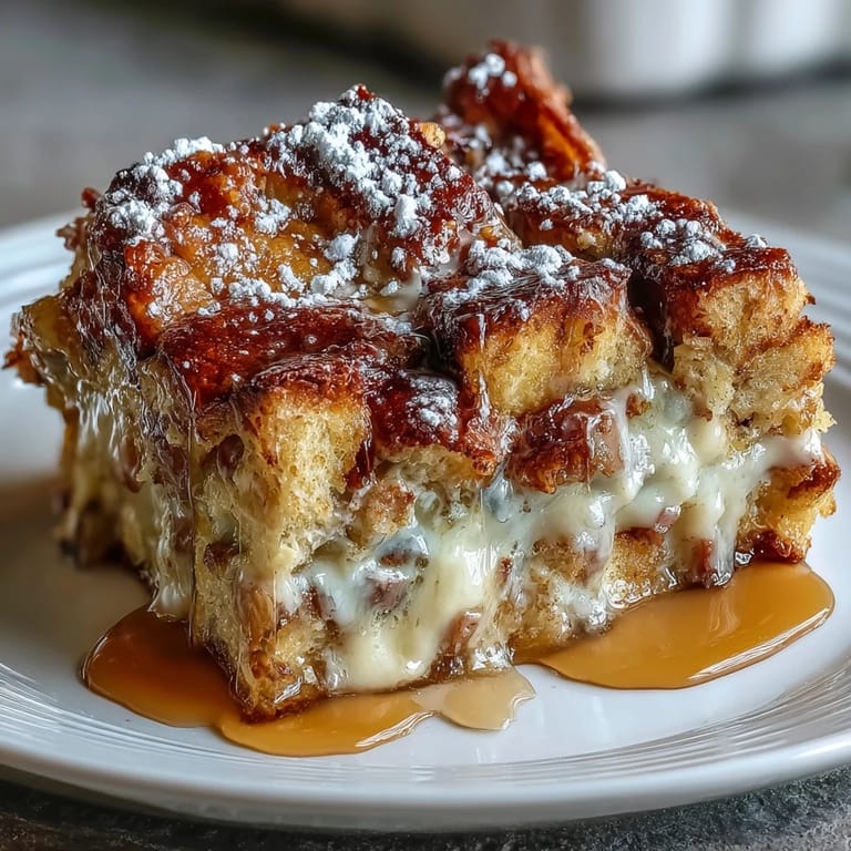 Freshly baked Monte Cristo Breakfast Casserole with cinnamon-vanilla soaked bread, served warm with a sweet topping.