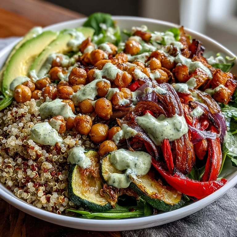 A vibrant Roasted Chickpea Power Bowl features crispy chickpeas, roasted vegetables, and hearty quinoa for a nourishing lunch.
