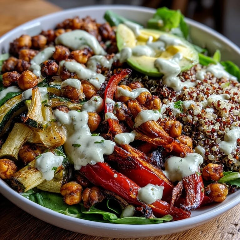 Golden roasted chickpeas and colorful veggies make up this healthy Roasted Chickpea Power Bowl, ready to eat.