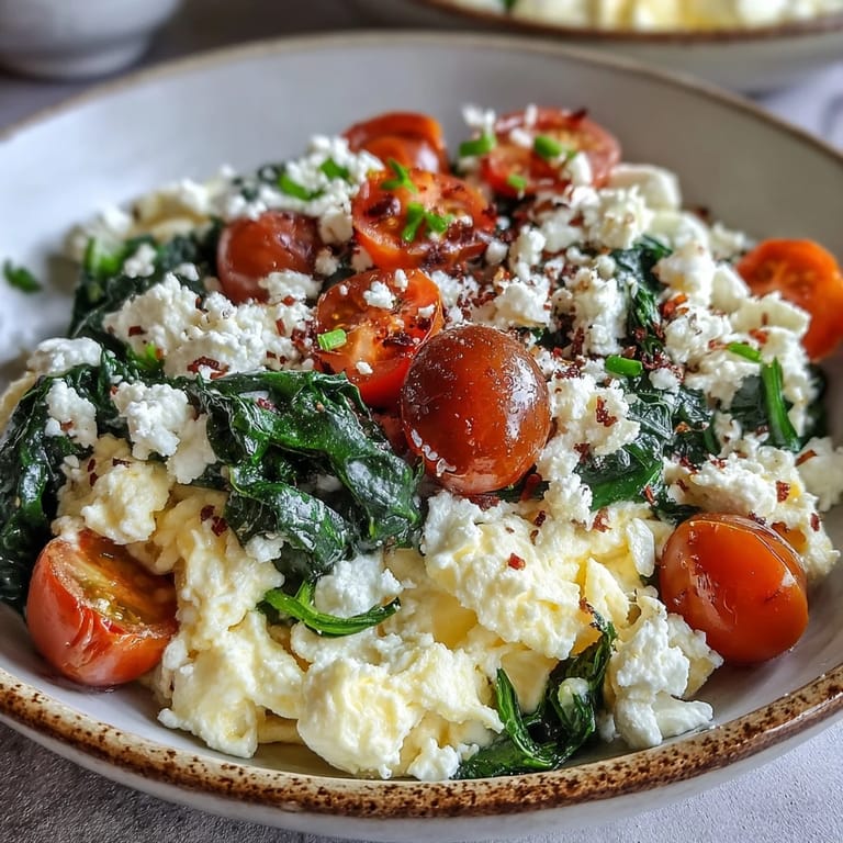 Easy Mediterranean-inspired spinach and feta breakfast bowl featuring fluffy eggs, fresh cherry tomatoes, and a sprinkle of parsley.