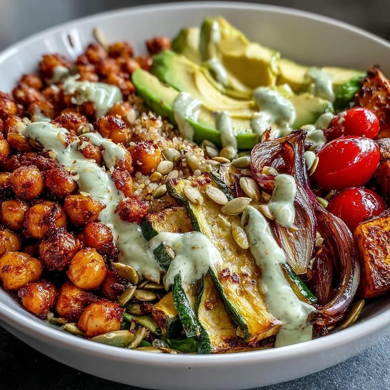 A close-up of the vibrant Chickpea Power Bowl highlights crispy chickpeas, fluffy quinoa, and colorful roasted veggies, ready to enjoy.