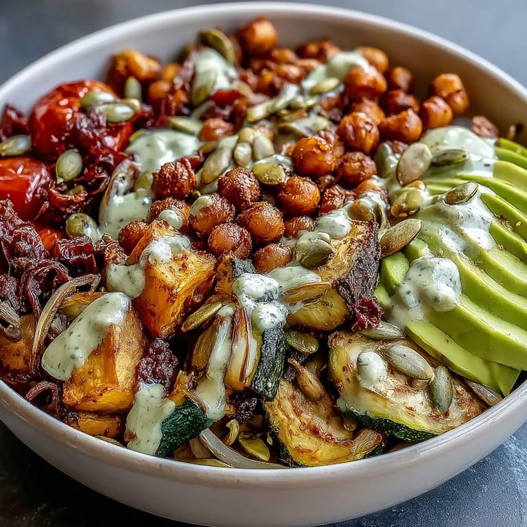 Serving suggestion for a Chickpea Power Bowl, featuring a wholesome mix of grains, cherry tomatoes, and a rich drizzle of tahini.