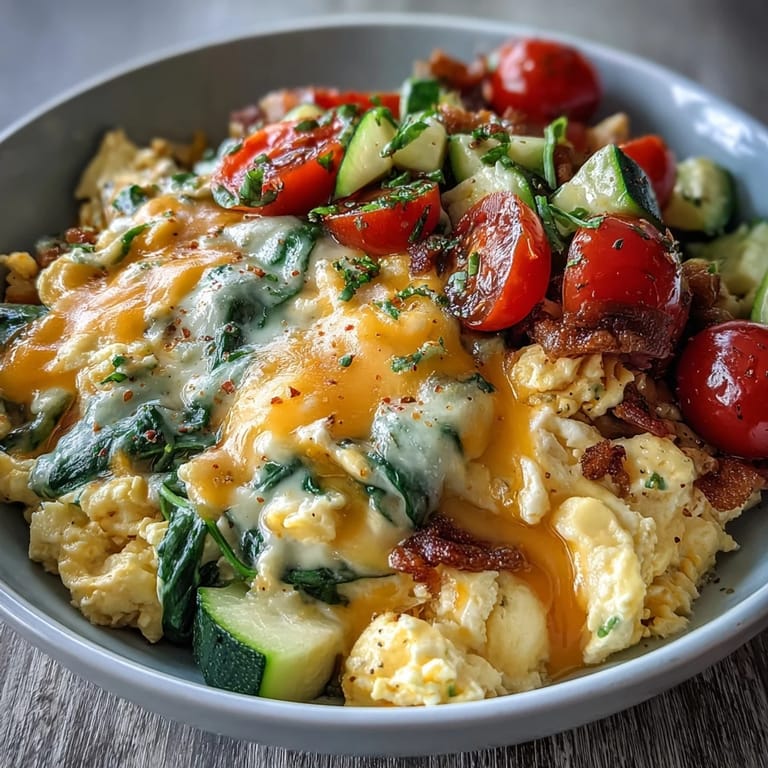 A close-up shows fluffy eggs, sautéed bell peppers, zucchini, and fresh spinach.