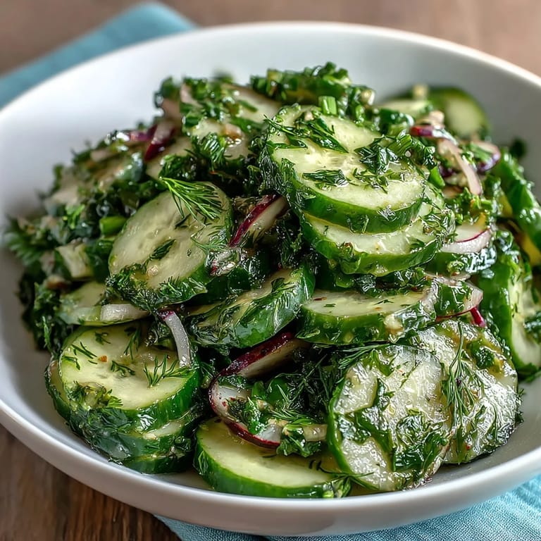 Fresh cucumbers, radishes, and scallions lightly coated in a zesty dill vinaigrette for a crunchy, flavorful salad.