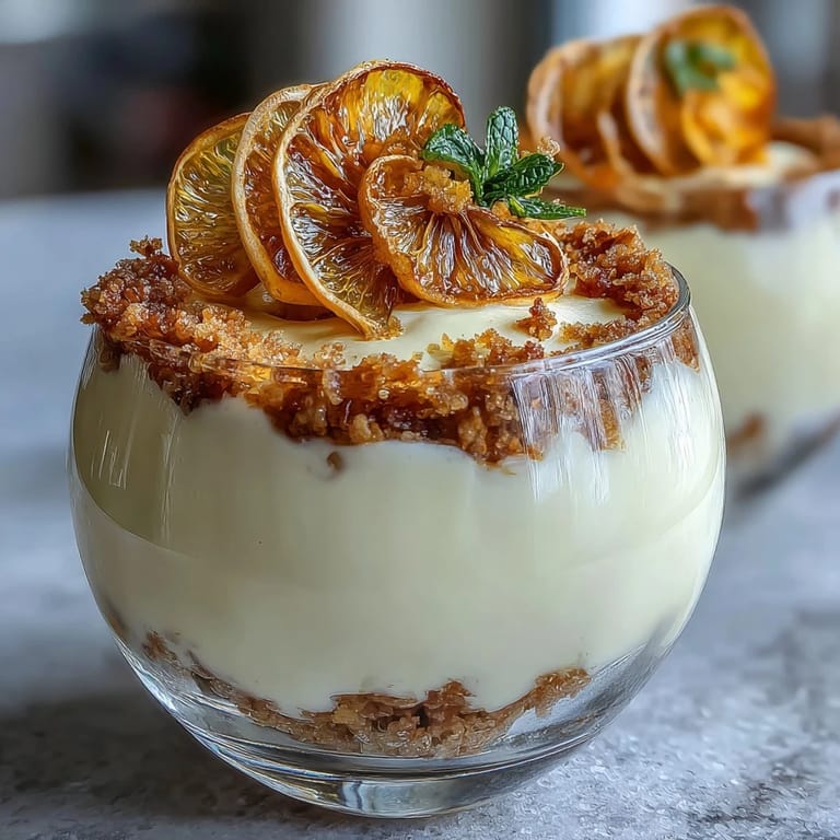 Refreshing lemon mousse layered over crisp shortbread crumble, garnished with fresh berries and mint leaves.