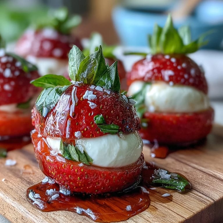 Sweet strawberries and mozzarella balls alternate on skewers with basil leaves, finished with tangy balsamic reduction.