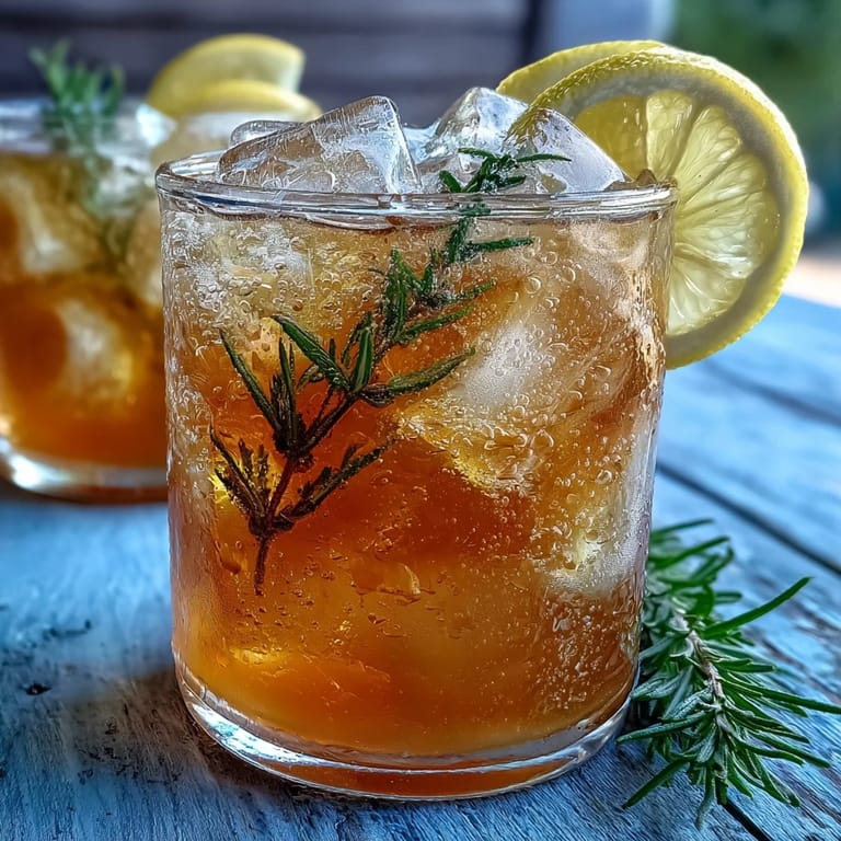 A glass of lavender honey lemonade with ice, showcasing its golden hue and delicate floral aroma, served with a lemon wedge.