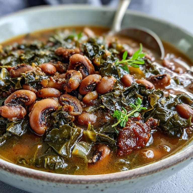 A comforting Southern stew featuring hearty black-eyed peas, collard greens, and warm spices, served in a rustic bowl.