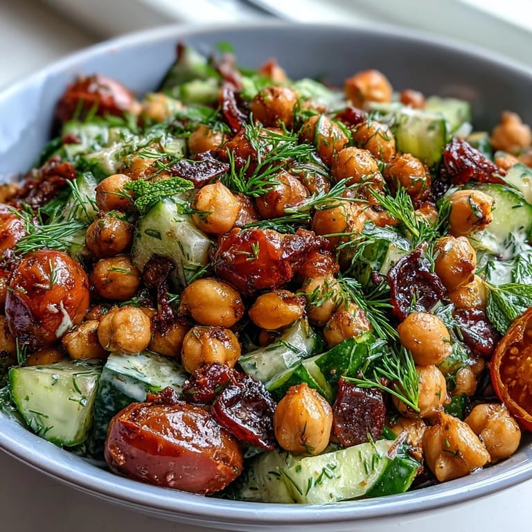 Close-up of Healthy Easy Cucumber Chickpea Salad with Lemon Vinaigrette, featuring vibrant cherry tomatoes, diced red onion, and a tangy lemon vinaigrette for a refreshing vegetarian dish.
