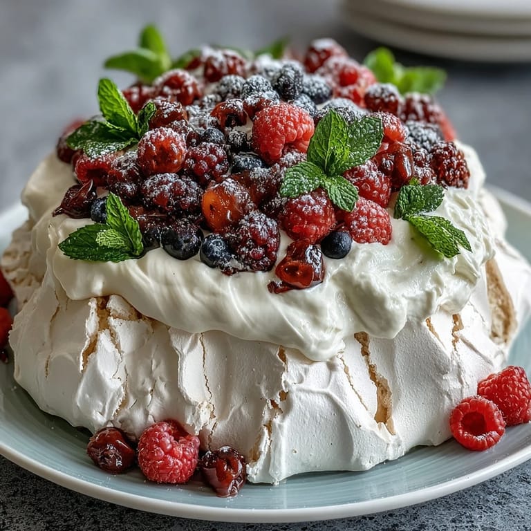 A delicate Mothers Day Pavlova with Mixed Berries, featuring a light marshmallow center and crisp shell, crowned with sweet whipped cream and juicy seasonal fruit.