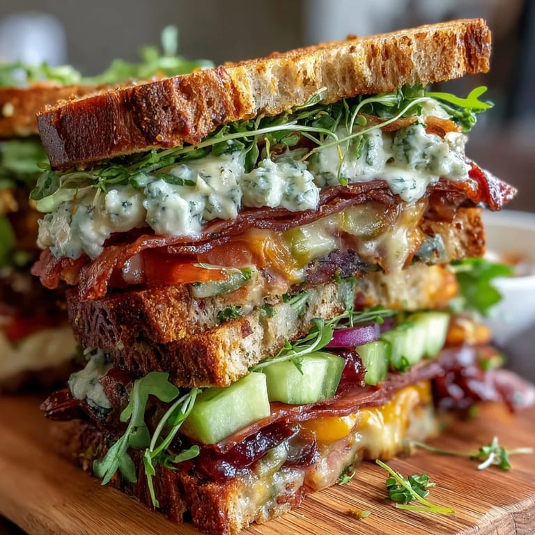 Colorful deli sandwich spread featuring smoked turkey, roast beef, cheeses, and fresh veggies on a rustic serving board.  