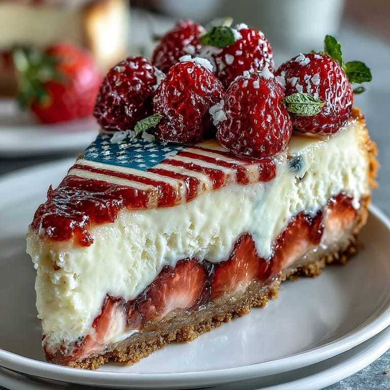 Creamy no-bake cheesecake flag cake decorated with red berries and blueberries for a showstopping Independence Day dessert.