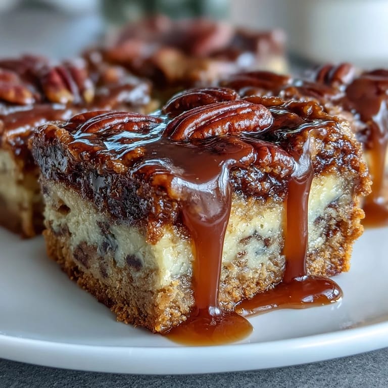 Rich pecan pie bars with buttery shortbread base and bourbon glaze, sliced into neat squares, ideal Southern dessert for festive gatherings.