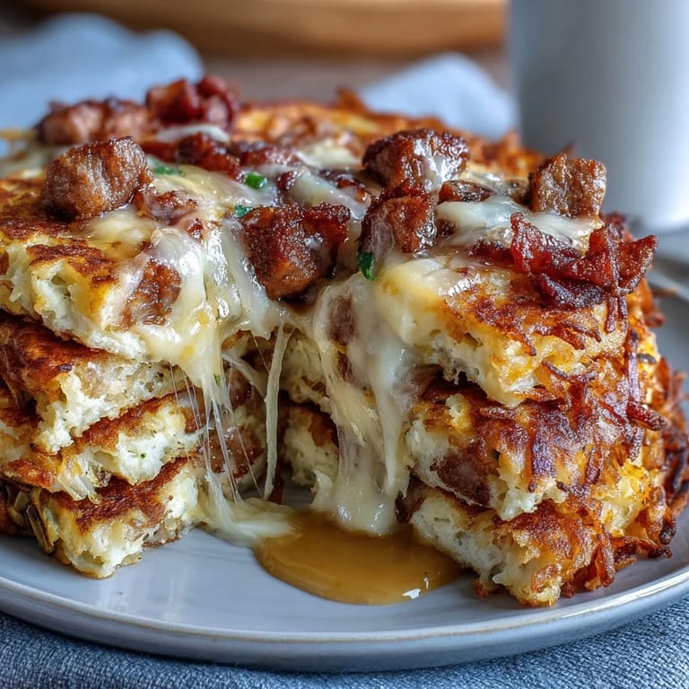 Savory Amish Breakfast Casserole with Hash Browns, Eggs and Sausage, loaded with melted cheddar and fluffy scrambled eggs.