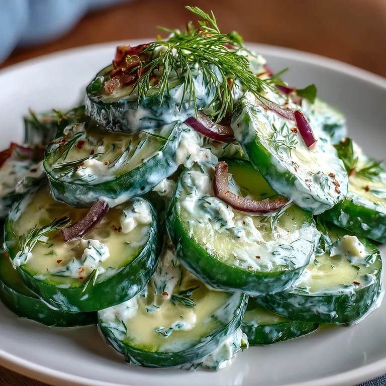 Cool cucumber salad tossed in creamy dill dressing, garnished with fresh dill for a vibrant summer side dish.