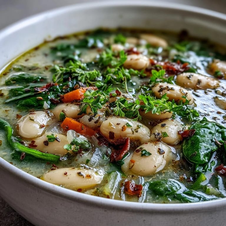 Slow-cooked white bean and spinach soup with Italian herbs, garlic, and tomatoes, perfect for a light and comforting summer dinner.