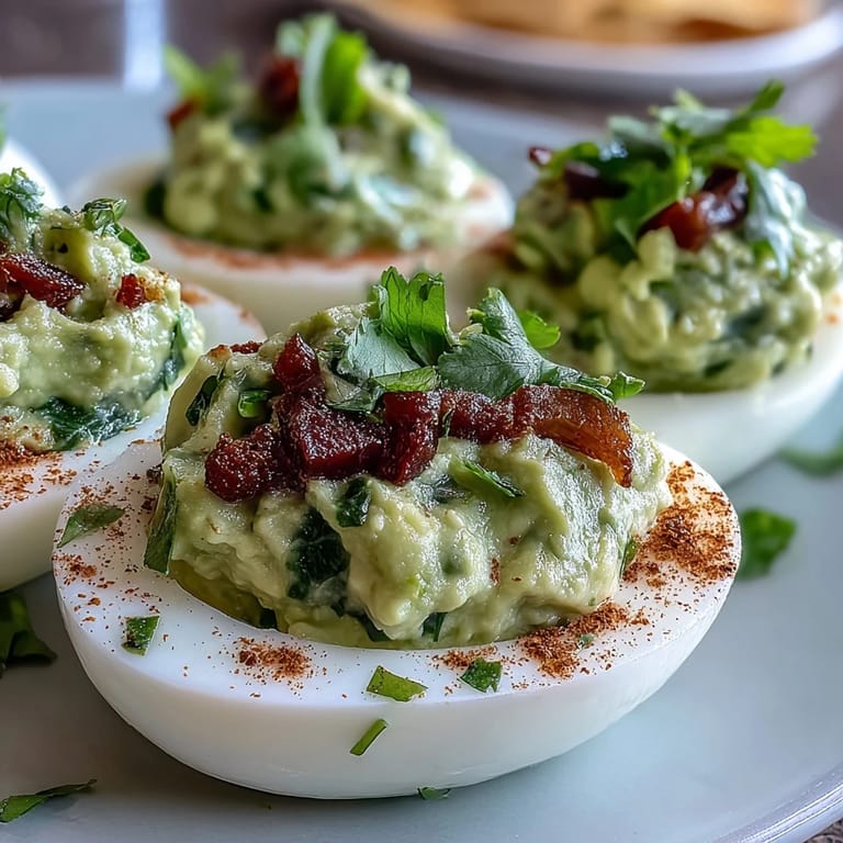Classic deviled eggs reimagined with rich guacamole filling, garnished with diced tomato, smoked paprika, and fresh cilantro leaves.