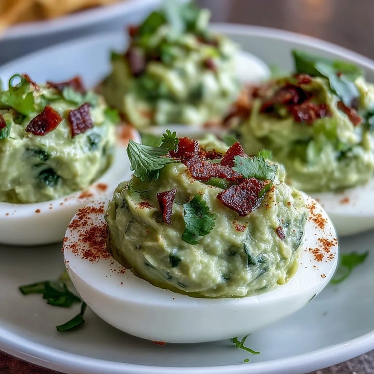 Vibrant deviled eggs filled with zesty guacamole, combining egg yolks, ripe avocado, and a hint of spice for a crowd-pleasing appetizer.