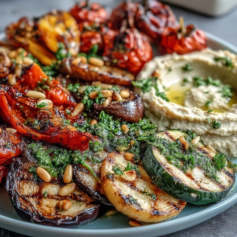 Healthy Grilled Veggie Platter with Hummus - a rainbow of grilled zucchini, peppers, and eggplant paired with creamy, protein-packed hummus for a satisfying vegan side.