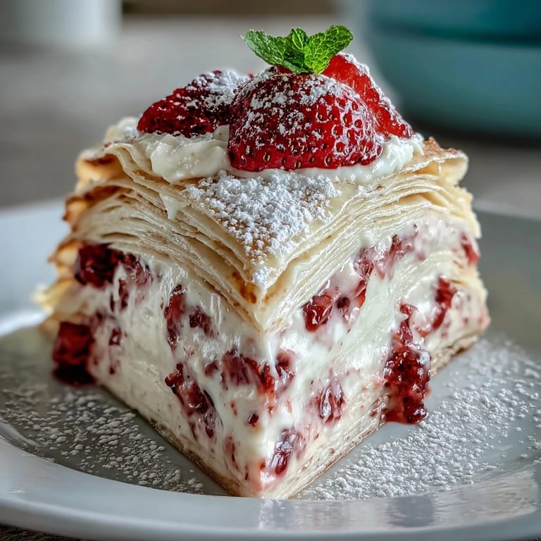 A stunning multi-layered crêpe cake showcasing tender crêpes filled with luscious strawberry mascarpone, perfect for celebrating Mom.