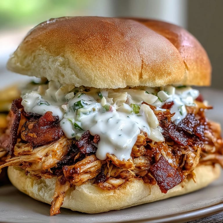 Juicy, tender smoked chicken thighs shredded and tossed in creamy white BBQ sauce, served on toasted buns for a Southern-inspired sandwich.  