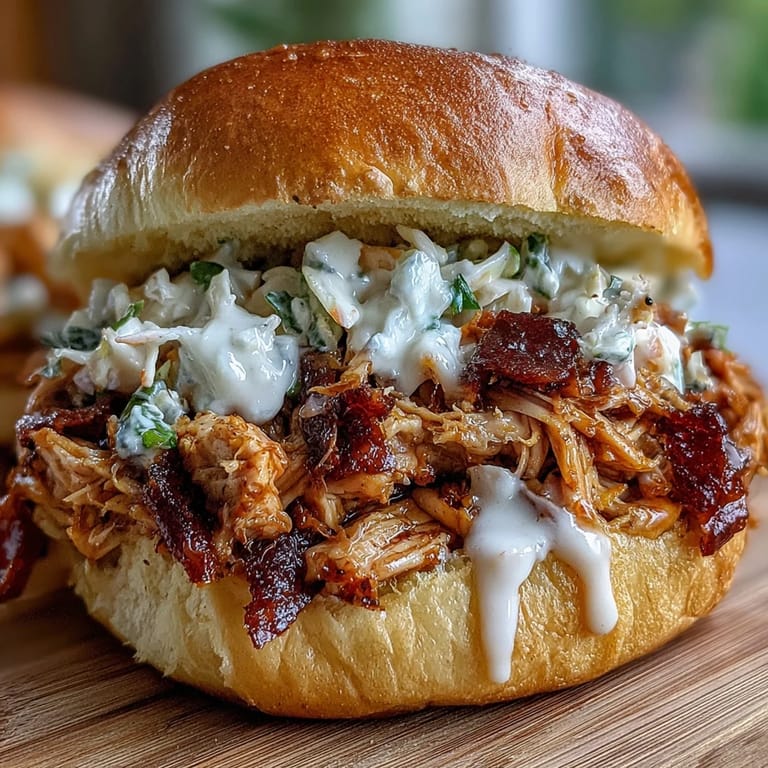 Slow-smoked pulled chicken with zesty horseradish white BBQ sauce, piled onto fresh buns for a flavorful, smoky, and satisfying main dish.