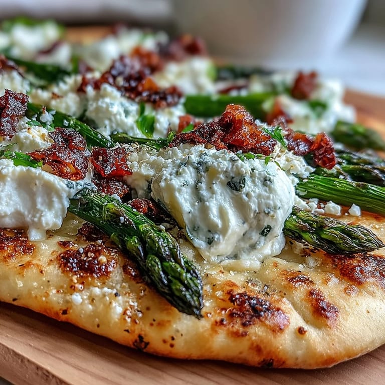 Vibrant spring flatbread featuring tender roasted asparagus, burrata cheese, and a bright lemon finish.  