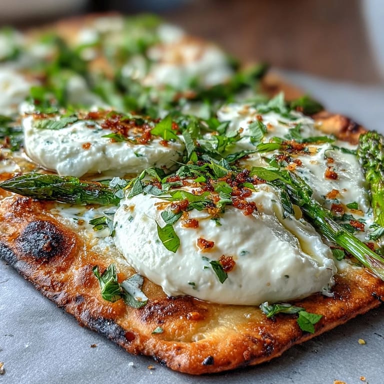 Crispy flatbread layered with charred asparagus, rich burrata, and fresh basil for a refreshing appetizer.