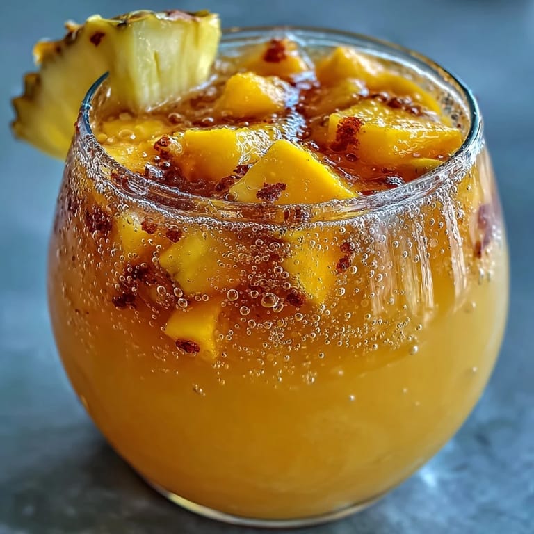 Refreshing mango pineapple punch served in clear glasses, topped with diced fruit and mint leaves for a festive touch.