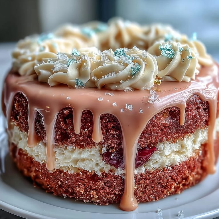 A stunning Rosé Velvet Cake with creamy frosting and shimmering gold drip, beautifully crafted for bridal showers and elegant dessert tables.