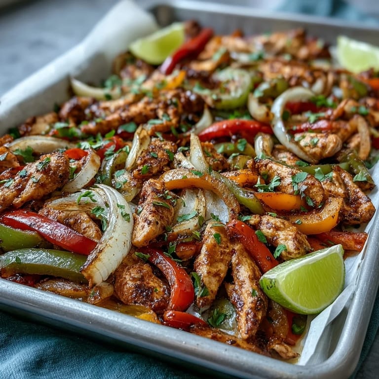 Sheet Pan Chicken Fajitas with colorful peppers, ready for sizzling tortillas.