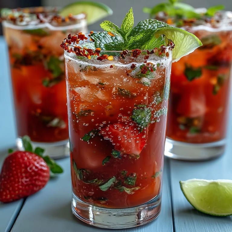 Refreshing strawberry chili limeade mocktail, ice-cold and perfect for a summer afternoon.