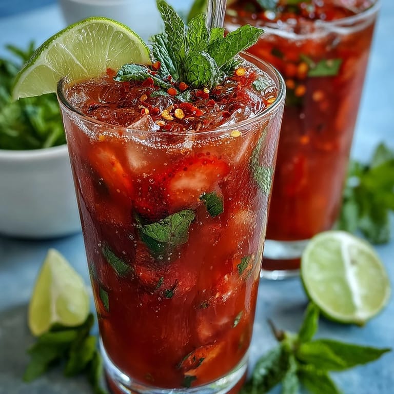 Close-up of a dazzling strawberry chili limeade mocktail with strawberry and lime garnish.