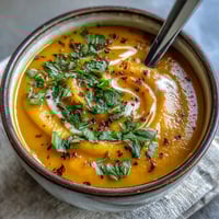 A bowl of vibrant Carrot, Celeriac, and Chilli Soup garnished with fresh coriander and a swirl of creamy vegan yogurt.