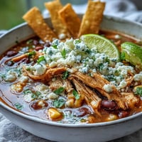Tender shredded chicken, pinto beans, and corn simmer in a rich, spiced tomato broth. The Chicken Tortilla Soup is topped with crispy strips, cilantro, and lime.