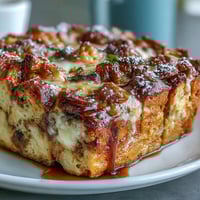 Golden-brown Monte Cristo Breakfast Casserole topped with powdered sugar, ready for drizzling with maple syrup.