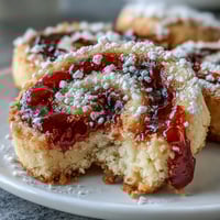 Freshly baked Raspberry Swirl Shortbread Cookies with golden edges and a vibrant jam center rest on a cooling rack.