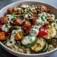 Vibrant Lentil Power Bowl garnished with parsley and pumpkin seeds, showcasing caramelized roasted vegetables on a bed of quinoa.