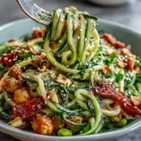 Healthy Easy Zucchini Noodle Stir-Fry with Peanut Sauce, a vibrant spiralized veggie dish in a creamy, tangy peanut dressing. Perfect light lunch or dinner.