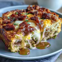 Amish Breakfast Casserole with Hash Browns, Eggs and Sausage, golden and bubbling with melted cheese and crispy sausage.