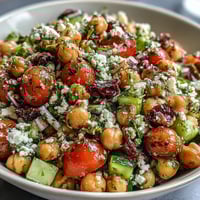 Cold Chickpea Salad with Lemon Herbs - a vibrant bowl of protein-packed chickpeas tossed with fresh cucumbers, cherry tomatoes, and zesty lemon dressing.
