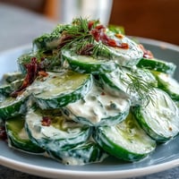 Creamy cucumber dill salad with crisp cucumbers in tangy sour cream dill dressing, perfect for summer picnics.