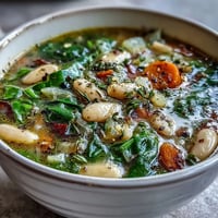 Creamy Tuscan white bean and spinach soup with tender vegetables, aromatic herbs, and a hint of spice, served hot in a rustic bowl.